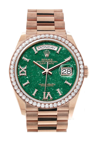 Rolex Day-Date 36 Green Aventurine Dial Diamond Bezel 18K Everose Gold President Watch - Ref # 128345RBR