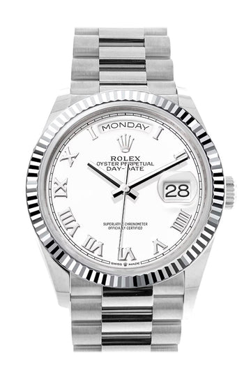 Rolex Day-Date 36 White Dial Fluted Bezel Platinum President Watch - Ref # 128236