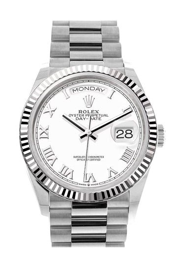 Rolex Day-Date 36 White Dial Fluted Bezel White gold President Watch - Ref # 128239