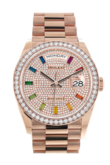 Rolex Day-Date 36 Everose Diamond Bezel Diamond Paved Rainbow Sapphire Dial President Bracelet Watch - Ref # 128345RBR