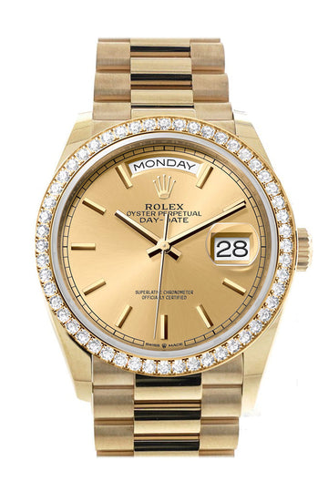 Rolex Day-Date 36 Champagne Dial Gold Diamond Bezel Watch - Ref # 128348RBR-0026 128348RBR
