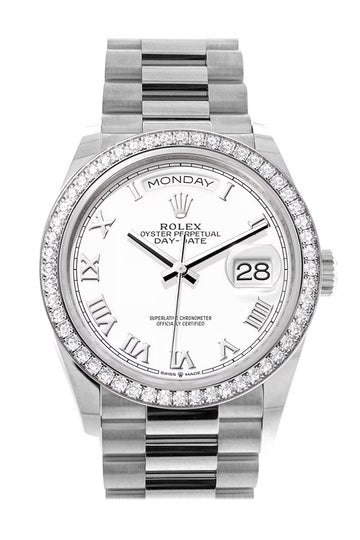 Rolex Day-Date 36 White Dial Diamond Bezel White Gold President Watch - Ref # 128349RBR
