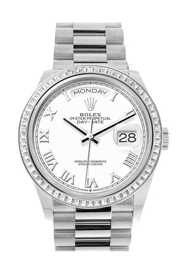 Rolex Day-Date 36 White Dial Diamond Bezel Platinum President Watch - Ref # 128396TBR