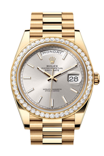 Rolex Day-Date 40 Silver Dial Diamond Bezel Yellow Gold President Watch - Ref # 228348RBR 228348