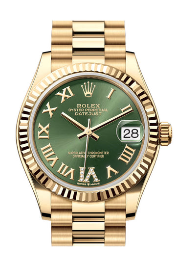 Rolex Datejust 31 Green Roman Dial Fluted Bezel Yellow Gold Ladies Watch - Ref # 278278 278278-0030