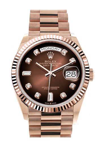 Rolex Day-Date 36 Brown ombrŽ Diamond Dial Fluted Bezel 18K Everose gold President Watch - Ref # 128235