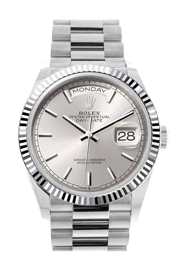 Rolex Day-Date 36 Silver Dial Fluted Bezel Platinum President Watch - Ref # 128236
