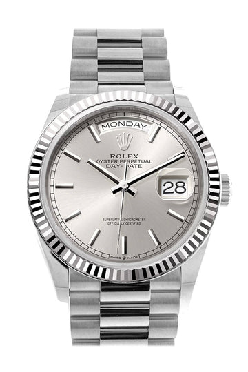 Rolex Day-Date 36 Silver Dial Fluted Bezel White gold President Watch - Ref # 128239