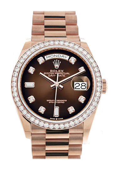 Rolex Day-Date 36 Brown ombrŽ Diamond Dial Diamond Bezel 18K Everose Gold President Watch - Ref # 128345RBR