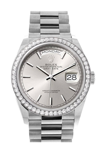 Rolex Day-Date 36 Silver Dial Diamond Bezel White gold President Watch - Ref # 128349RBR