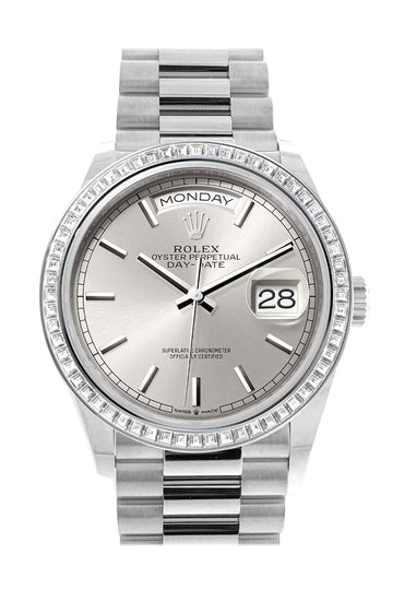 Rolex Day-Date 36 Silver Dial Diamond Bezel Platinum President Watch - Ref # 128396TBR