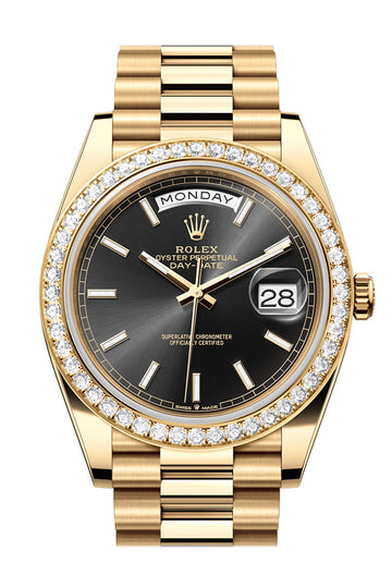 Rolex Day-Date 40 Bright Black Dial Diamond Bezel Yellow Gold President Watch - Ref # 228348RBR 228348