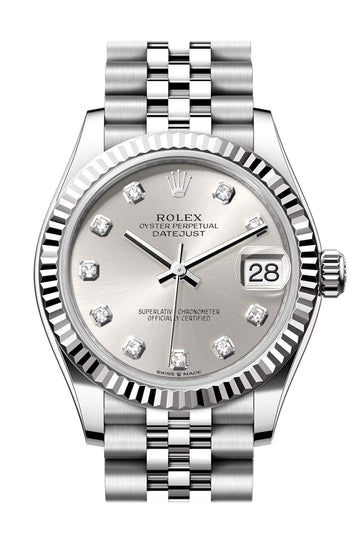 Rolex Datejust 31 Silver Diamond Dial Fluted Bezel Jubilee Ladies Watch - Ref # 278274 278274-0030