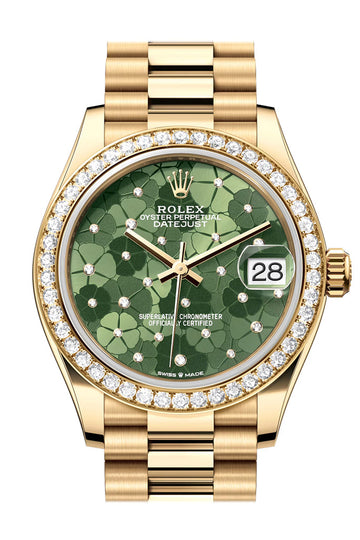 Rolex Datejust 31 Olive Green Floral Motif Diamond Dial Diamond Bezel Yellow Gold Ladies Watch - Ref # 278288RBR 278288RBR-0038