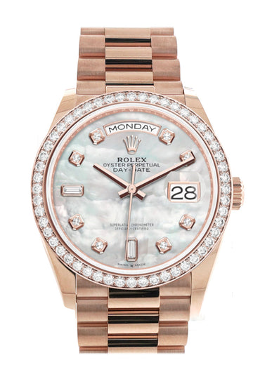 Rolex Day-Date 36 Mother of Pearl Diamond Dial Diamond Bezel 18K Everose Gold President Watch - Ref # 128345RBR