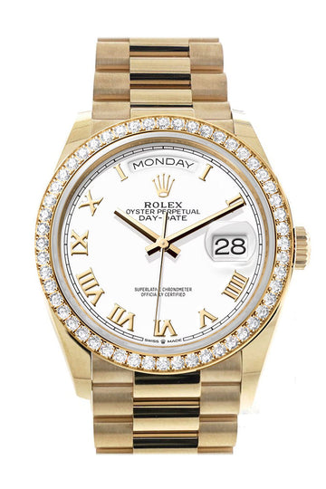 Rolex Day-Date 36 White Roman Dial Gold Diamond Bezel Watch - Ref # 128348RBR-0042 128348RBR