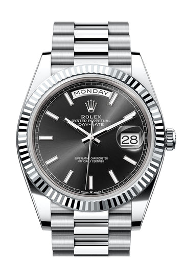 Rolex Day-Date 40 Black Dial Fluted Bezel Platinum President Watch - Ref # 228236