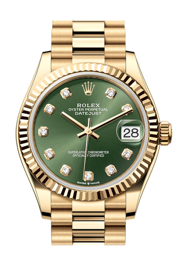 Rolex Datejust 31 Green Diamond Dial Fluted Bezel Yellow Gold Ladies Watch - Ref # 278278 278278-0011