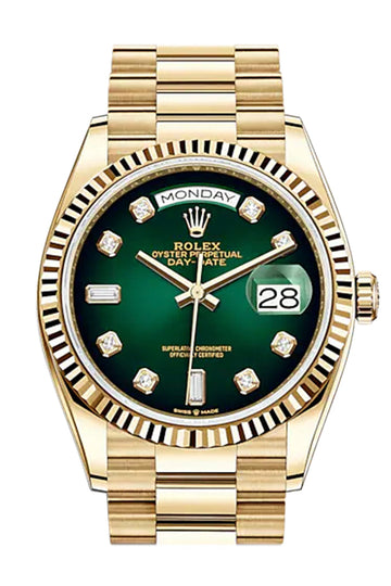 ROLEX Day-Date 36 Green Ombre Diamond Dial 18K Yellow Gold Watch - Ref # 128238