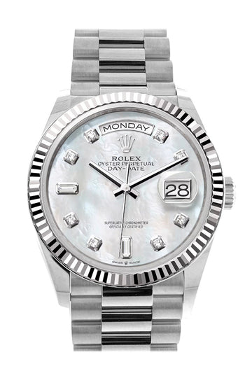 Rolex Day-Date 36 Mother of Pearl Diamond Dial Fluted Bezel White gold President Watch - Ref # 128239