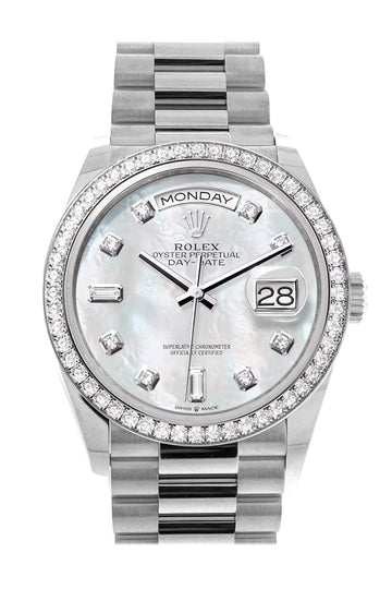Rolex Day-Date 36 Mother of Pearl Diamond Dial Diamond Bezel White Gold President Watch - Ref # 128349RBR