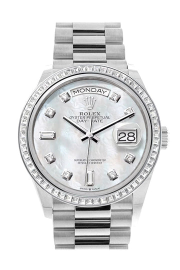 Rolex Day-Date 36 Mother of Pearl Dial Diamond Bezel Platinum President Watch - Ref # 128396TBR