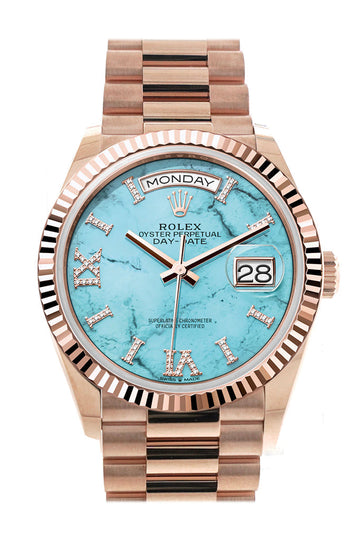 Rolex Day-Date 36 Turquoise Diamond Dial Fluted Bezel 18K Everose gold President Watch - Ref # 128235