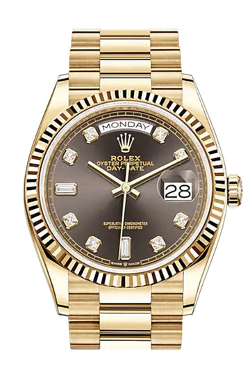 ROLEX Day-Date 36 Dark Grey Diamond Dial 18K Yellow Gold Watch - Ref # 128238