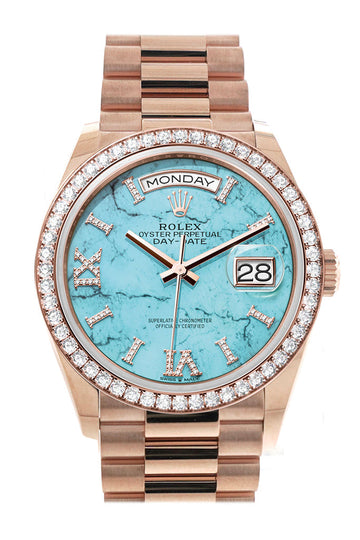 Rolex Day-Date 36 Turquoise Dial Diamond Bezel 18K Everose Gold President Watch - Ref # 128345RBR