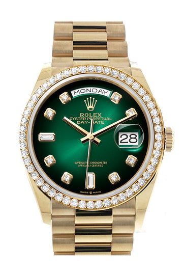 Rolex Day-Date 36 Green OmbrŽ Dial Gold Diamond Bezel Watch - Ref # 128348RBR-0035 128348RBR