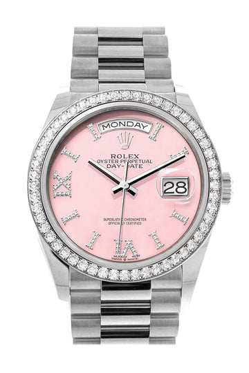 Rolex Day-Date 36 Pink Opal Diamond Dial Diamond Bezel White Gold President Watch - Ref # 128349RBR