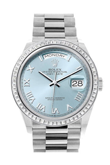 Rolex Day-Date 36 Ice Blue Roman Dial Diamond Bezel Platinum President Watch - Ref # 128396TBR