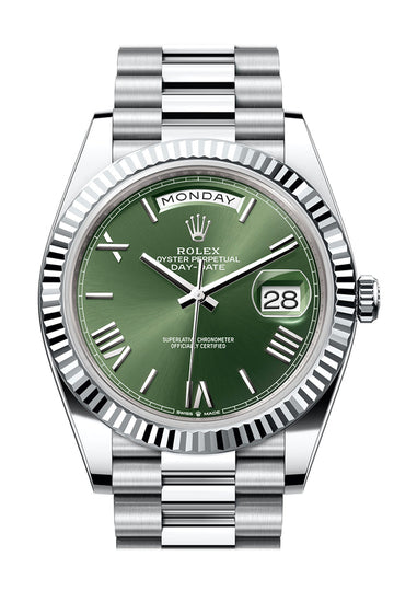 Rolex Day-Date 40 Olive Green Dial Fluted Bezel Platinum President Watch - Ref # 228236