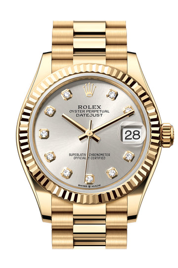 Rolex Datejust 31 Silver Diamond Dial Fluted Bezel Yellow Gold Ladies Watch - Ref # 278278 278278-0034