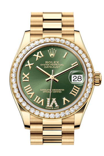Rolex Datejust 31 Green Roman Diamond Dial Diamond Bezel Yellow Gold Ladies Watch - Ref # 278288RBR 278288RBR-0024