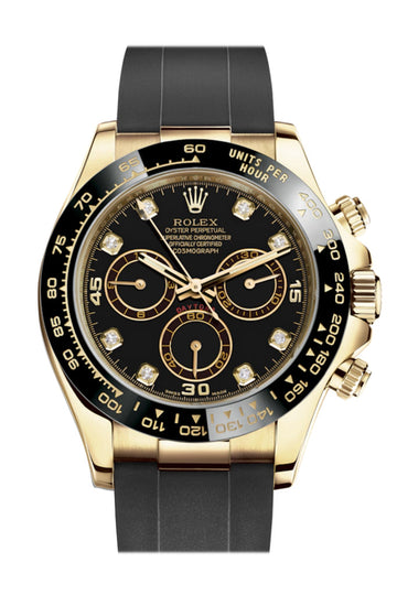 Rolex Cosmograph Daytona Black Diamond Yellow Gold Oysterflex Strap Mens Watch - Ref # 116518LN 116518
