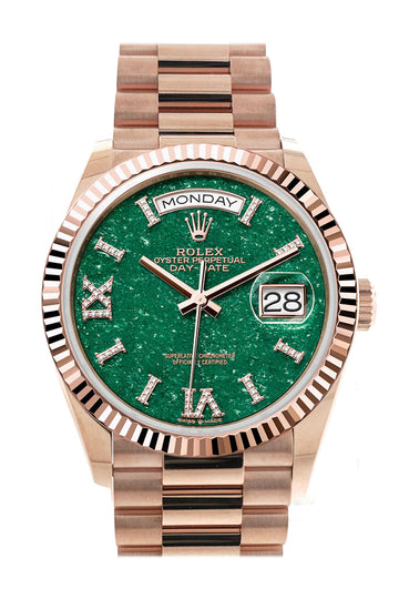 Rolex Day-Date 36 Aventurine Diamond Dial Fluted Bezel 18K Everose gold President Watch - Ref # 128235