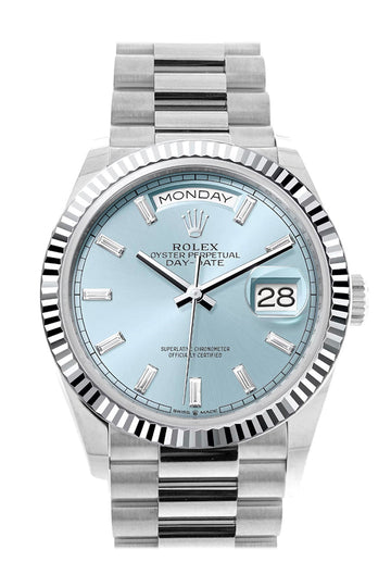 Rolex Day-Date 36 Ice Blue Diamond Dial Fluted Bezel Platinum President Watch - Ref # 128236