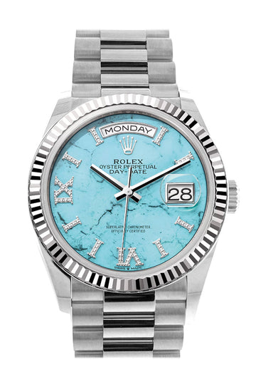 Rolex Day-Date 36 Turquoise Diamond Dial Fluted Bezel White gold President Watch - Ref # 128239
