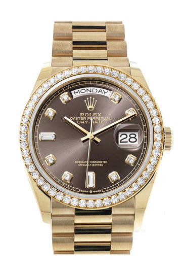 Rolex Day-Date 36 Dark Grey Dial Gold Diamond Bezel Watch - Ref # 128348RBR-0005 128348RBR