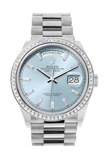 Rolex Day-Date 36 Ice Blue Diamond Dial Diamond Bezel Platinum President Watch - Ref # 128396TBR