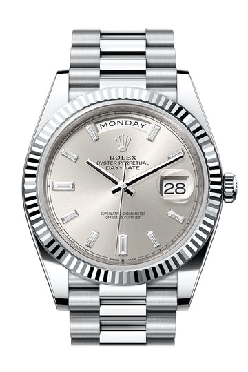 Rolex Day-Date 40 Silver Diamonds Dial Fluted Bezel Platinum President Watch - Ref # 228236