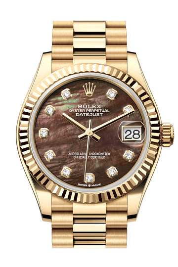 Rolex Datejust 31 Dark Mother Of Pearl Diamond Dial Fluted Bezel Yellow Gold Ladies Watch - Ref # 278278 278278-0038