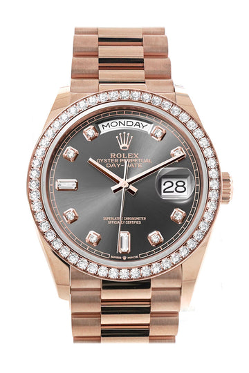 Rolex Day-Date 36 Slate Dial Diamond Bezel 18K Everose Gold President Watch - Ref # 128345RBR