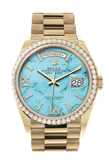 Rolex Day-Date 36 Turquoise Dial Gold Diamond Bezel Watch - Ref # 128348RBR-0037 128348RBR