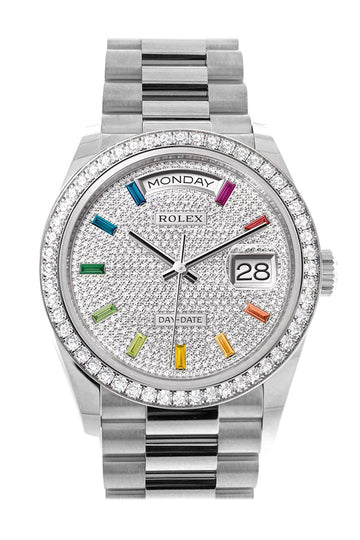 Rolex Day-Date 36 Diamond Paved Dial Diamond Bezel White Gold President Watch - Ref # 128349RBR