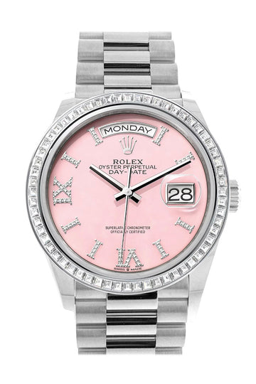 Rolex Day-Date 36 Pink Opal Dial Diamond Bezel Platinum President Watch - Ref # 128396TBR