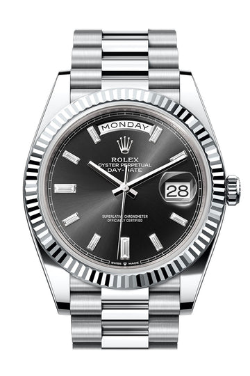 Rolex Day-Date 40 Bright Black 10 baguette-cut Diamonds Dial Fluted Bezel Platinum President Watch - Ref # 228236