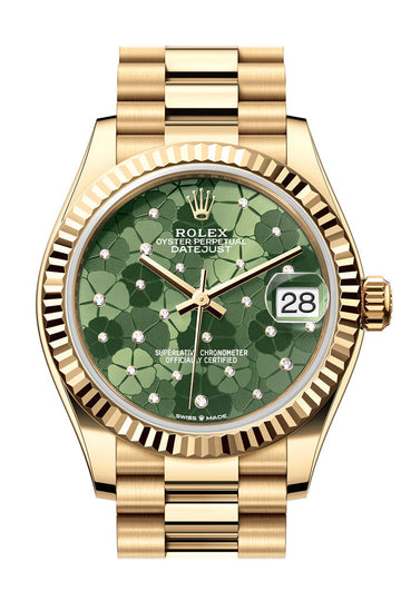 Rolex Datejust 31 Olive Green Floral Motif Diamond Dial Fluted Bezel Yellow Gold Ladies Watch - Ref # 278278 278278-0046