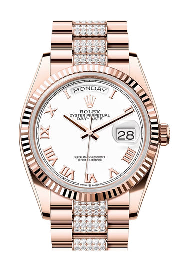 Rolex Day-Date 36 White Dial Fluted Bezel 18K Everose gold Diamond President Watch - Ref # 128235